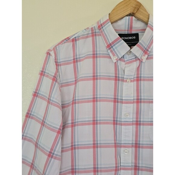 Bonobos Tailored Fit Shirt Mens Size Large Long Pink White Plaid Button Down - Picture 5 of 14